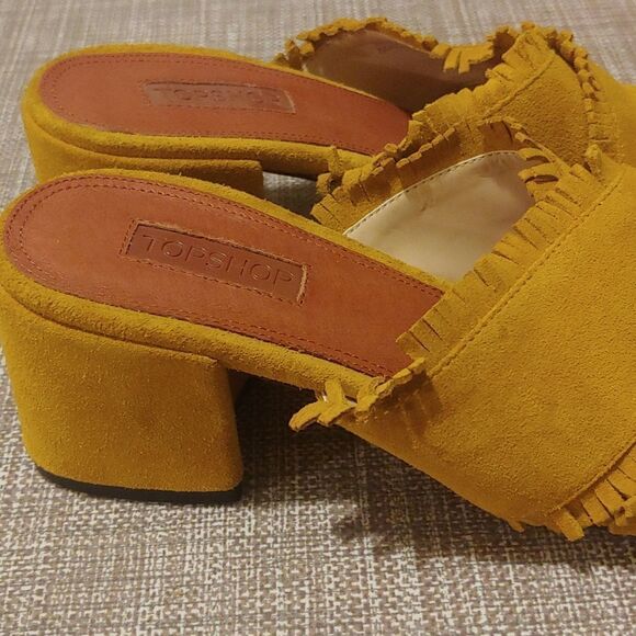 Topshop Mustard Yellow Suede Fringe Mule Heels size 38 - Picture 3 of 6